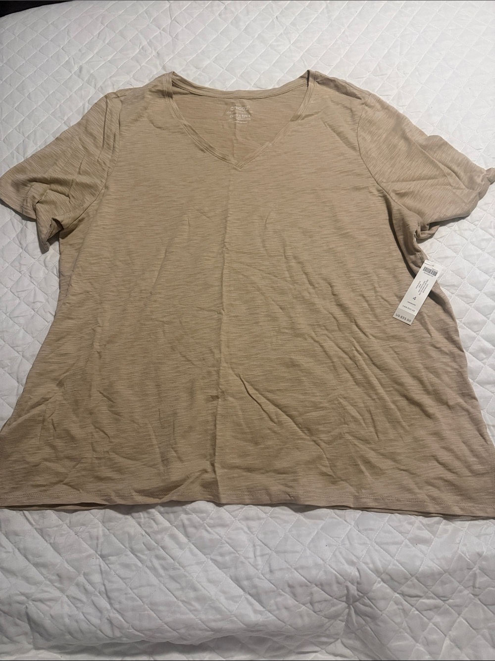 Chico's Slub V-Neck Short Sleeve Tee in Light Taupe